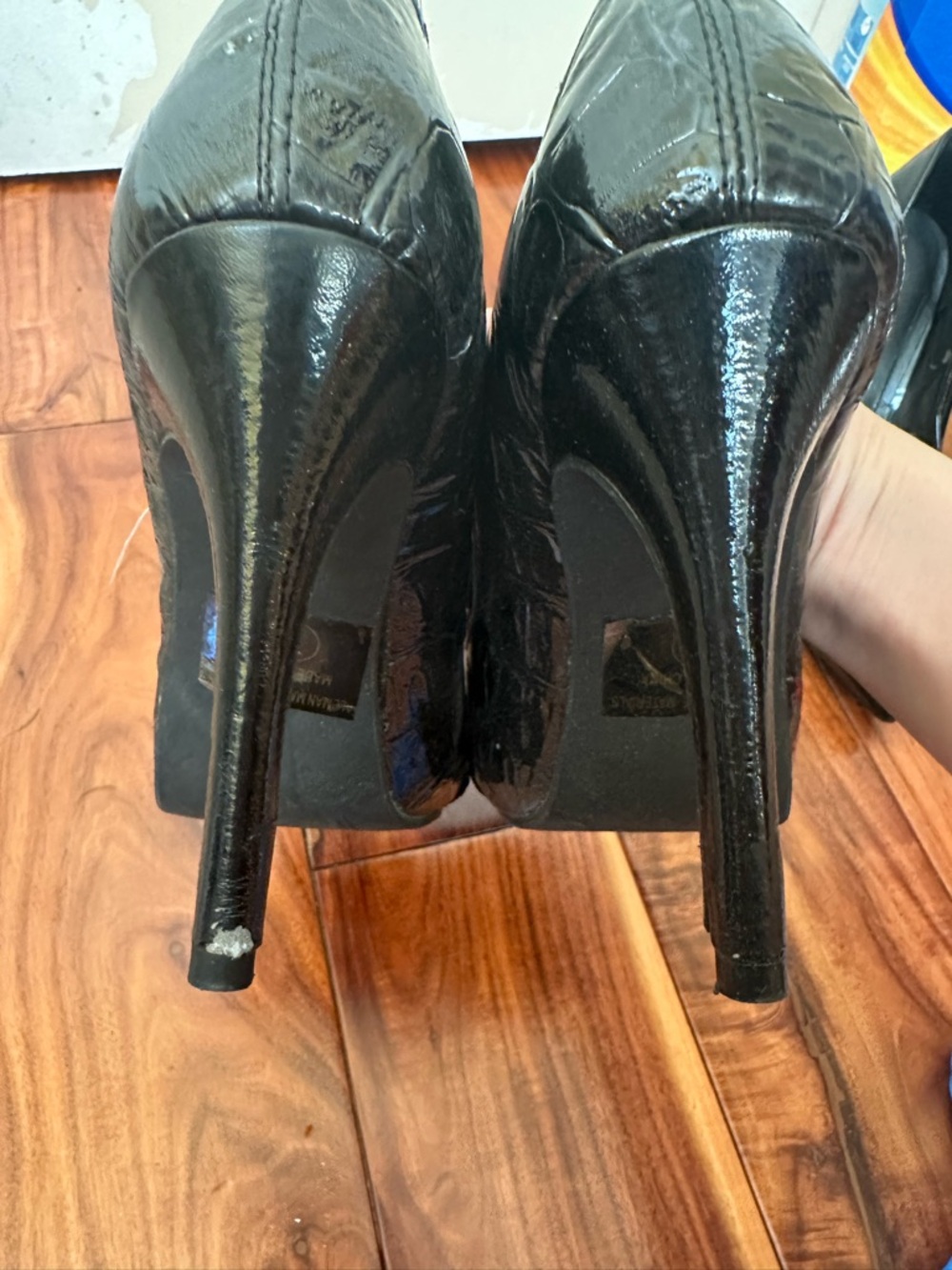 Delicious Black Patent Peep-Toe Heels with Silver Buckle - Picture 3 of 8